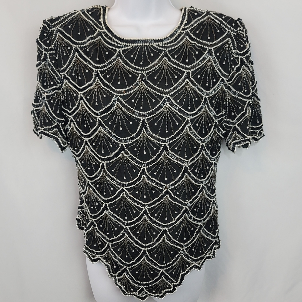 Laurence Kazar Beaded 100% Silk Blouse